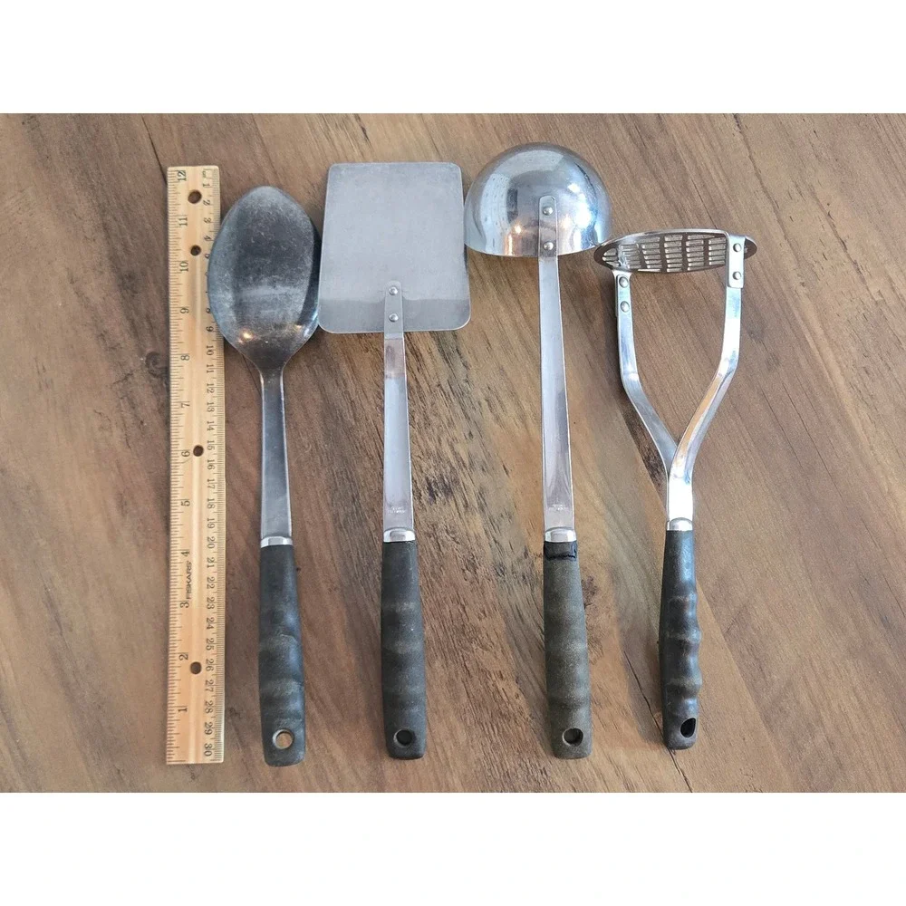 Vintage Stainless Steel Kitchen Utensil Set 4pc Spatula Ladle Spoon Masher Black